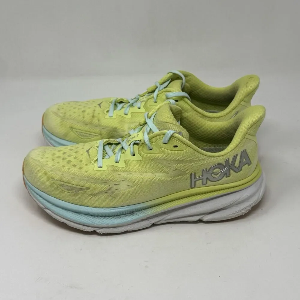 Hoka One One Clifton 9 Womens 9.5 M Yellow Blue Running Walking Shoes Sneakers - Picture 4 of 16